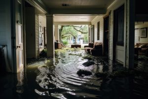 Blick aus einem mit Wasser überfluteten Wohnhaus ins Freie