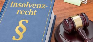 Ein dickes Gesetzbuch mit dem Aufdruck "Insolvenzrecht" liegt auf einem Tisch. Rechts daneben liegt ein Richterhammer